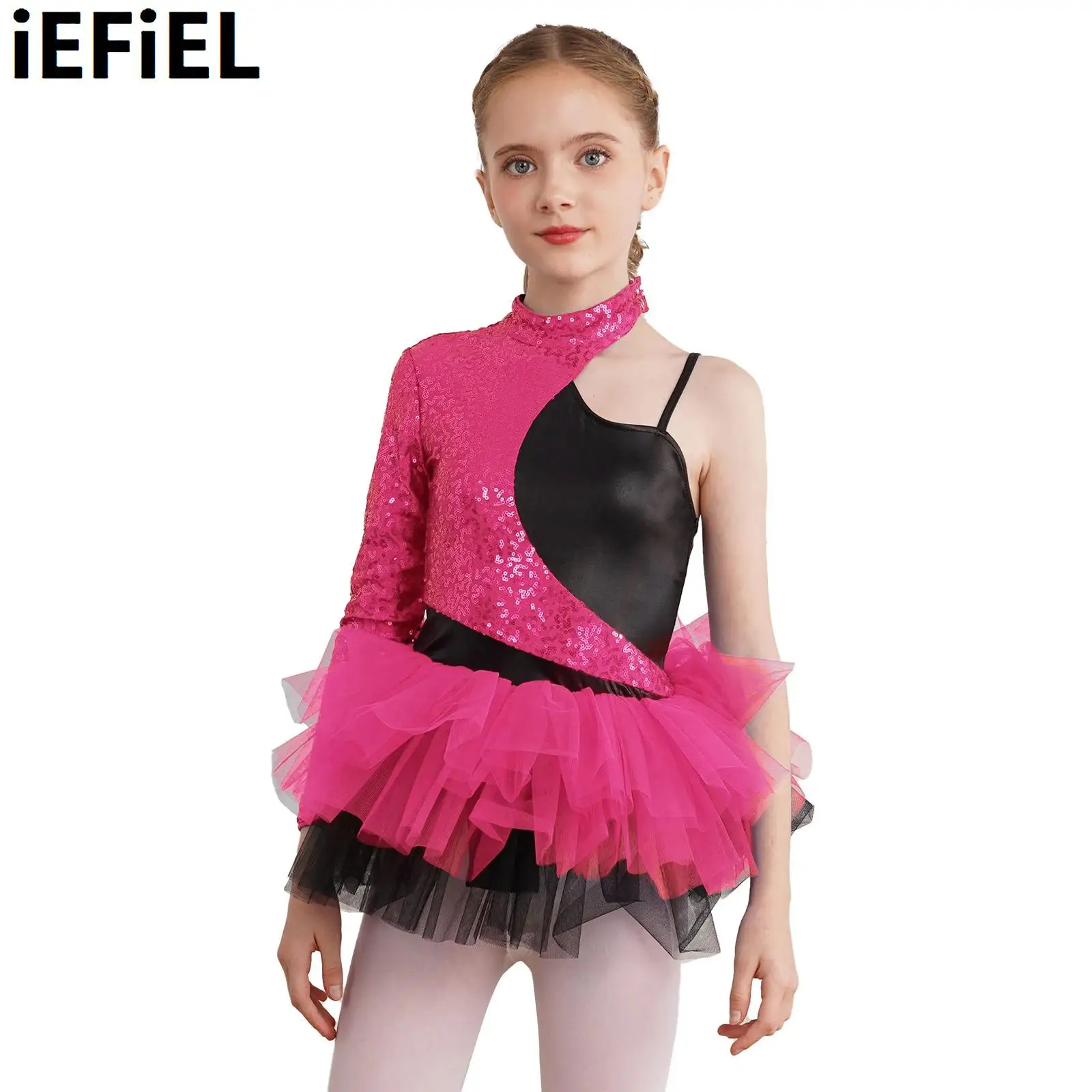 

Kids Girls Shiny Sequin Tulle Dance Dress Asymmetrical Sleeves Contrast Skirt Leotard Dress Dance Costumes