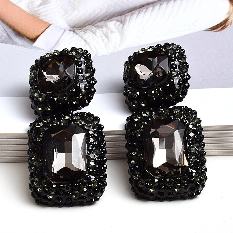 

Vintage Costume Jewelry Party Accessories Gunblack Chunky Gray Black Crystal Rhinestone Square Statement Earrings for Women