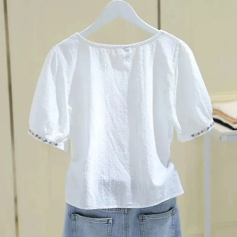 Embroidery Shirts and Blouses Korea Summer Top 2024 Elegant Youth Woman Blouses Button Square Collar Short Sleeve Clolthes New