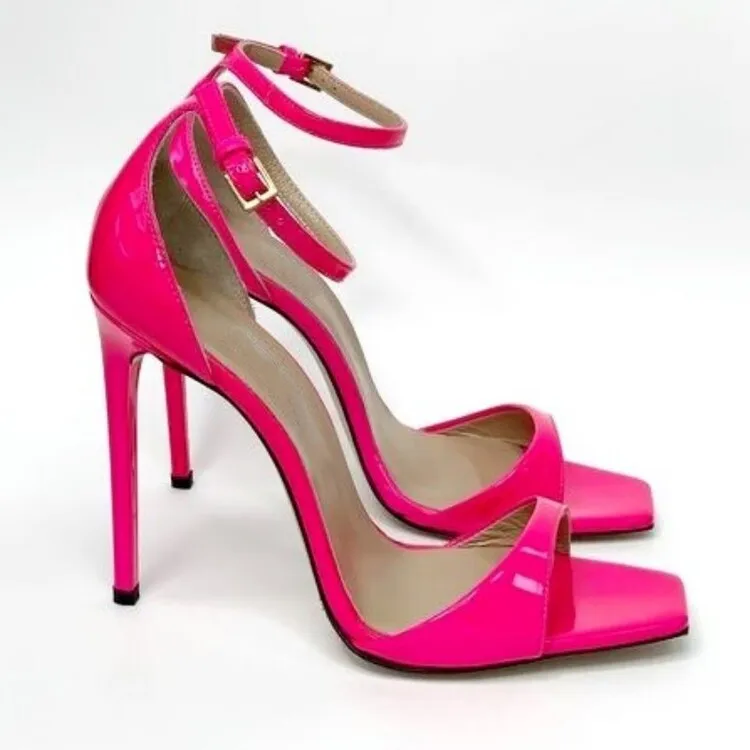 

UVRCOS Rome Style Square Toe High Heel Sandals Women Sexy Ankle Strap Leather Pumps Rose Pink Cutouts Stiletto Heels