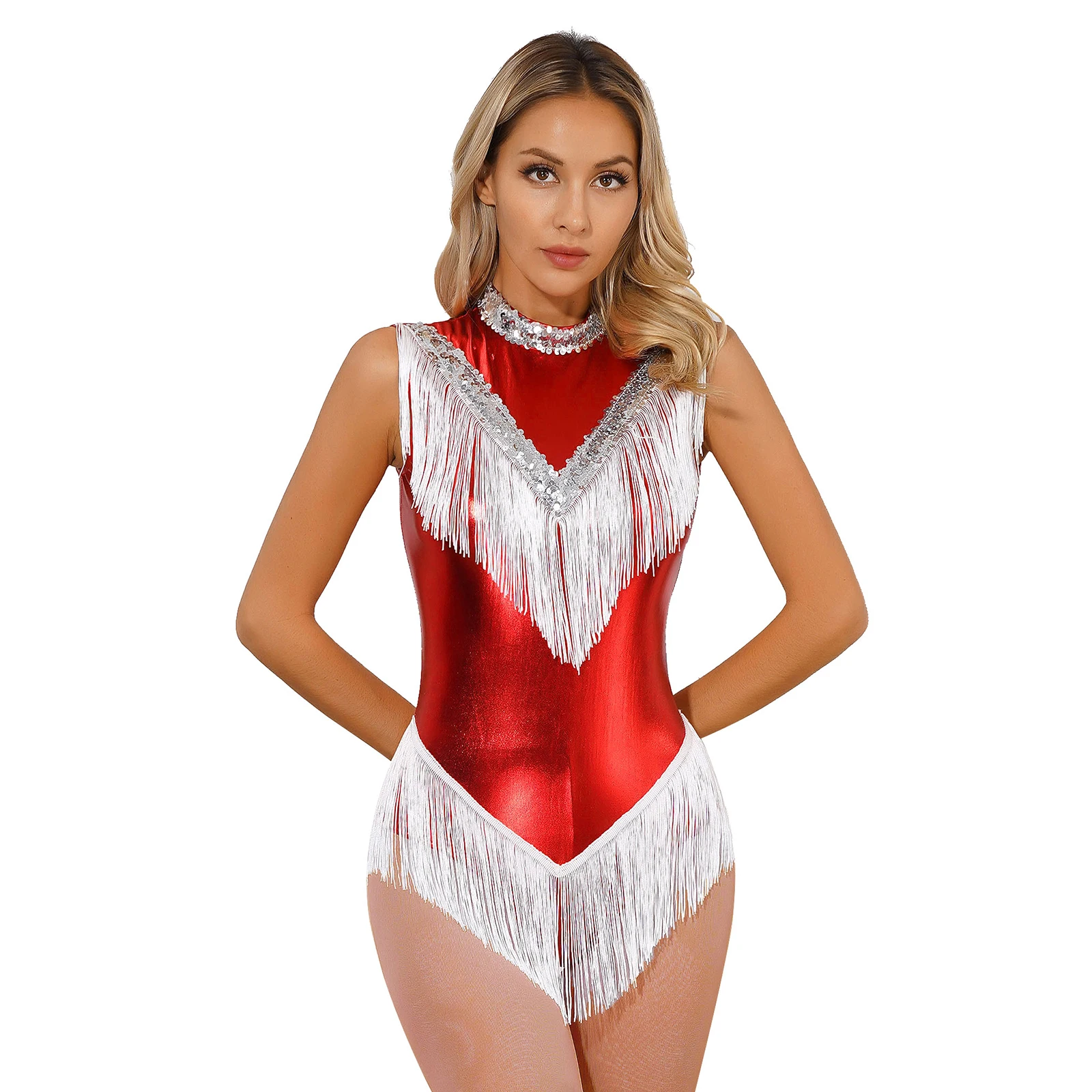 Womens Metallic Latin Dance Performance Costumes Fringed Bodysuit Shiny Sequins Rhythmic Gymnastics Mock Neck Tassel Leotards