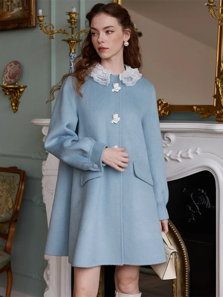 106-114cm Bust Winter Black/Blue Wool Coats Women Vintage Elegant A-Line Wool Coat, Lace Collar 100% Double-Faced Wool Jacket