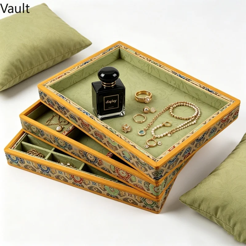 

Luxury Song Brocade Wood Jewelry Tray, Green Multi-Slot Display for Necklace, Eid Gift & Appraisal Organizer for Her