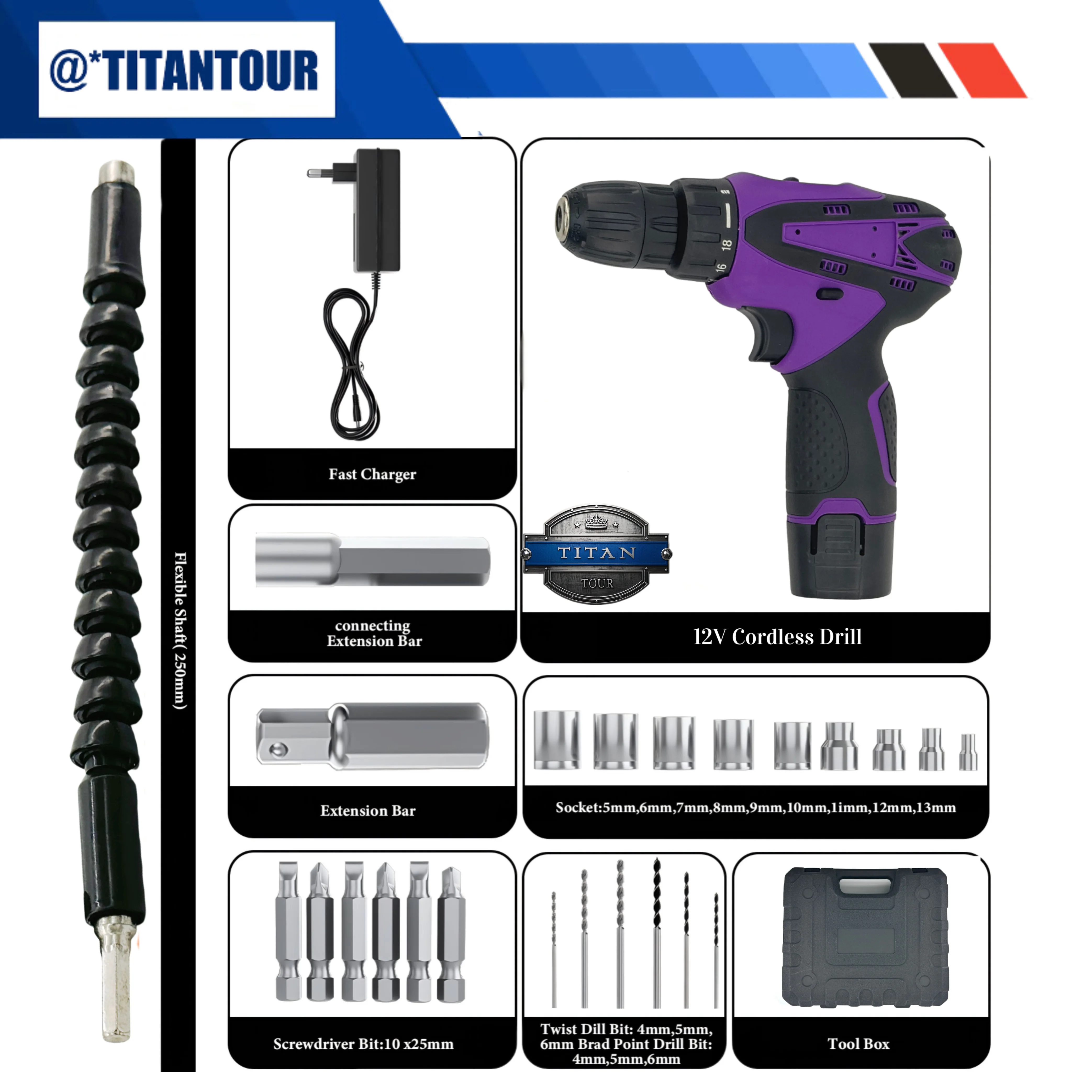 Cordless Drill Set, 12V Power Drill Set with Battery and Charger, 3/8'' Keyless Chuck, 21+1 Torque Setting, 180 Inch-lbs, Pink Electric Drill for Women's Garden DIY Projects（Purple)ect