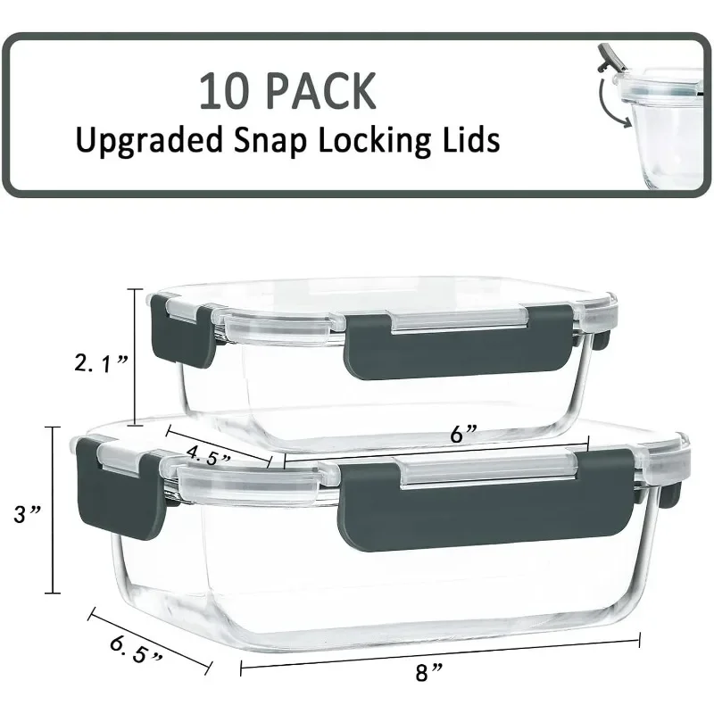 [10-Pack] Glass Meal Prep Containers with Lids, Food Storage Containers with Snap Locking Lids, Airtight Lunch Containers