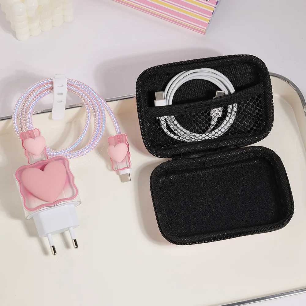 3D Love Heart Data Cable Protective Cover For iPhone 11 15 16 Pro Max 14 13 12 18W 20W Charger Cases Wire Winder Cable Organizer