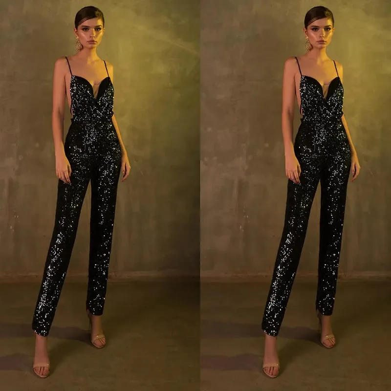 Black Sequined Jumpsuits Spaghetti Straps Wedding Guest Evening Cocktail Prom Homecoming Dresses for Bride Special Occasion