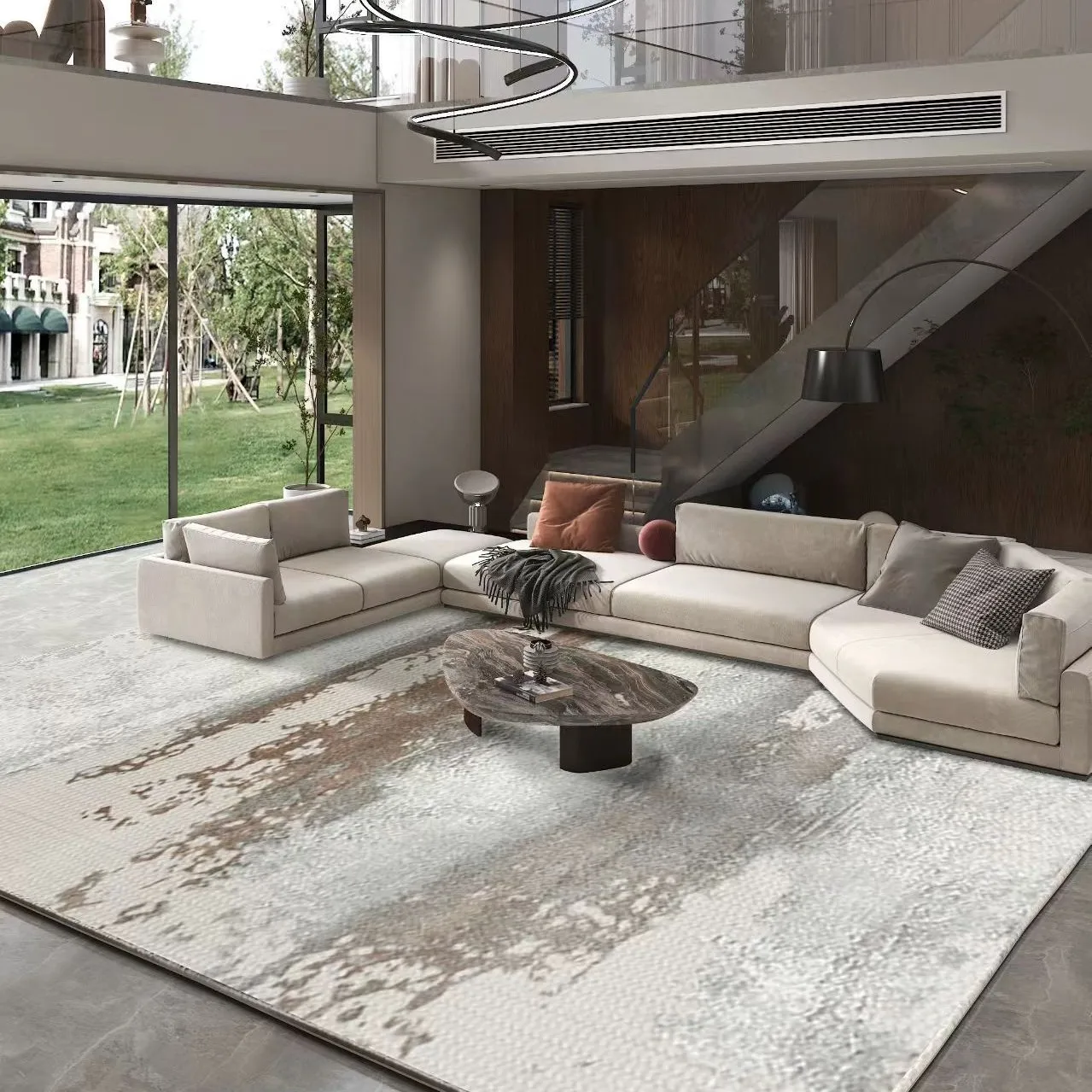 Sala de estar, quarto, tapete de cabeceira villa