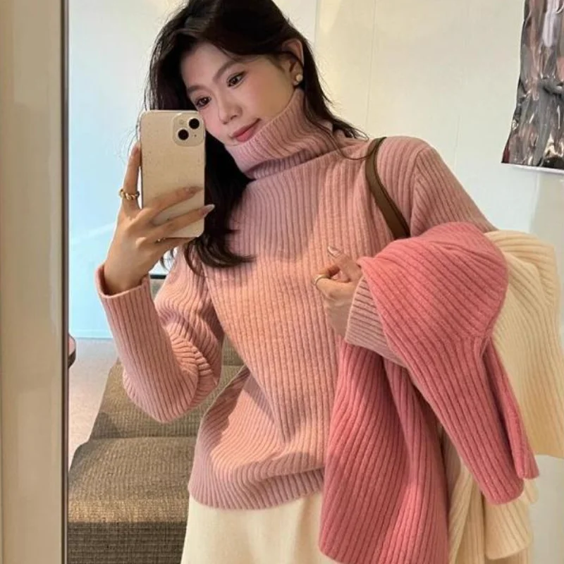 

Fashion Knits High Neck Loose Pullover Sweater Soft Knitted for Women Spring Autumn Casual Versatile Soft Cotton Knit Sweater
