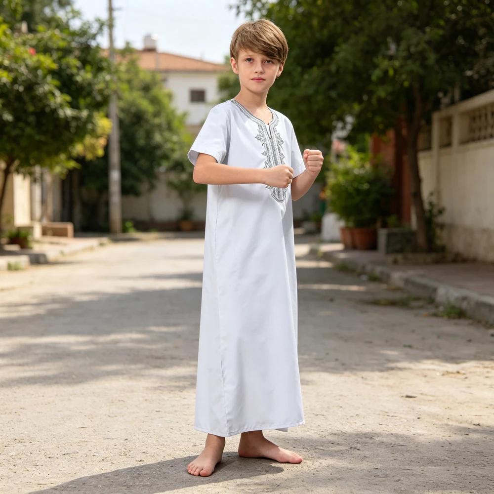 

Kids Boys Short Sleeve Daffah Dishdasha Embroidered Muslim Jubba Thobe Robe Kaftan Abaya Middle East Islamic Prayer Daily Wear