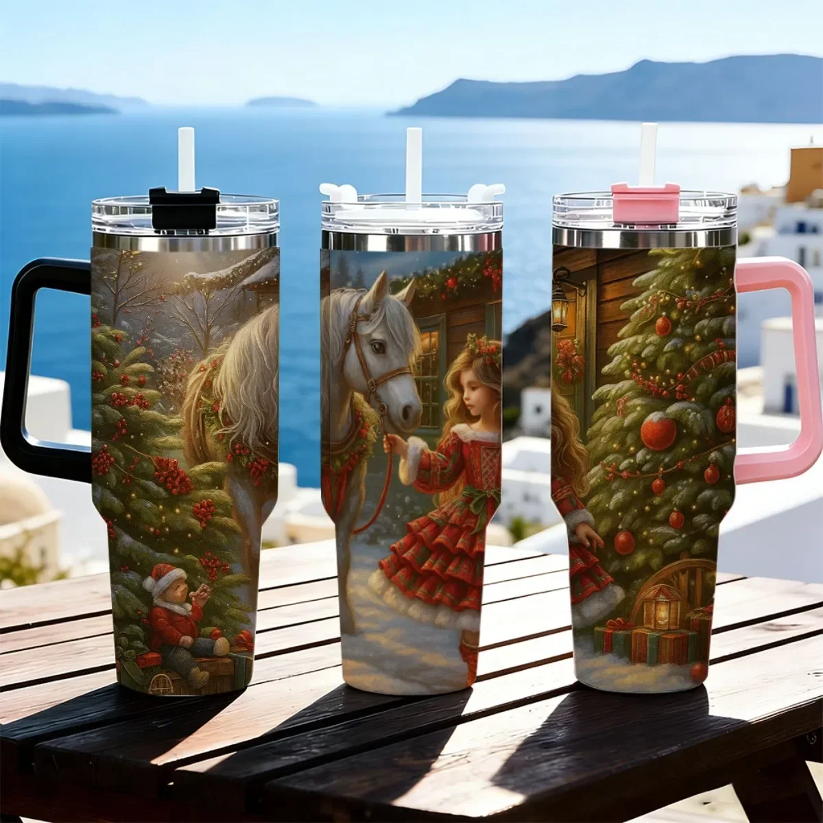 40oz Tumbler with Handle Christmas Girl Horse Winter Holiday Print Insulated Cup, Other colors sold out, random black or white shipment for other color orders
