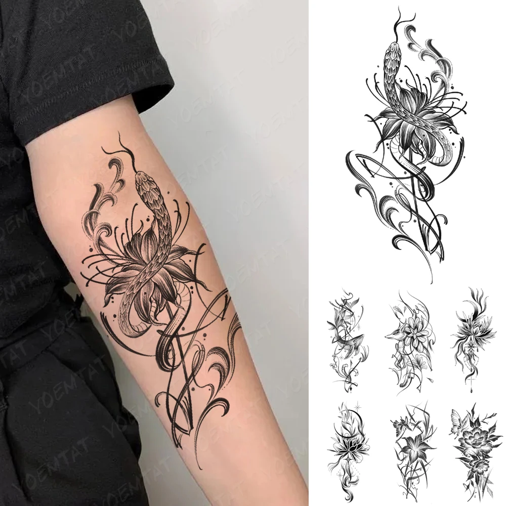 

Waterproof Temporary Tattoo Sticker Black Snake Cobra Lotus Peony Whale Fox Moon Tatto Fake Tatoo Arm Sleeve Women Men Body Art