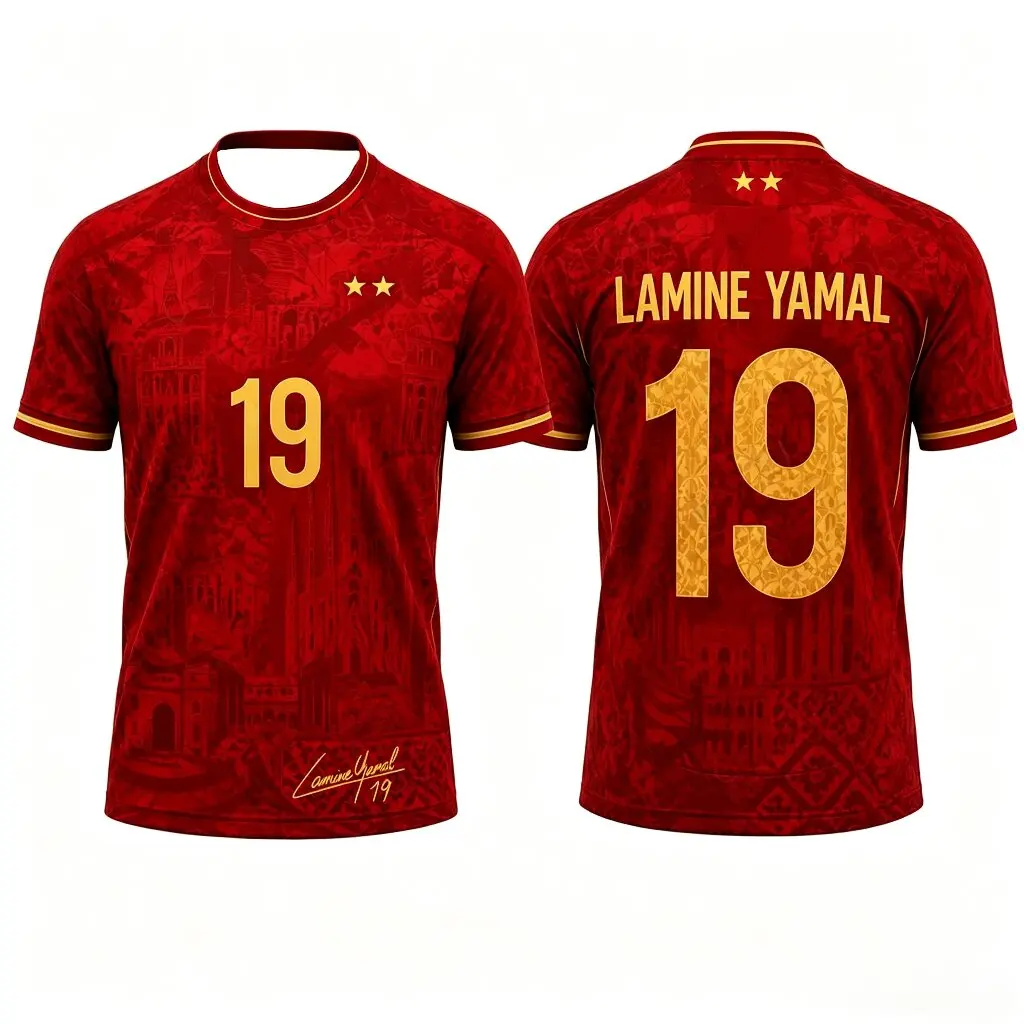 2026 Summer Spain‑Themed Lamine Yamal No.19 Commemorative Football Fan Jersey 3D Print Red Graphic Unisex Tee for Kids Adults