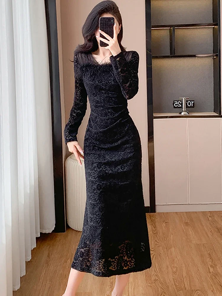 2024 White Lace Hook Flower Hollow Chic Mesh V-Neck Long Dress Women Luxury Bodycon Evening Dress Autumn Winter Elegant Vestidos