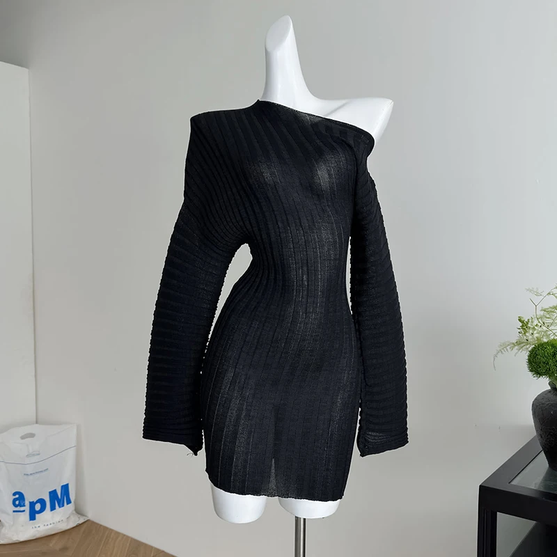 Fashion Irregular Off-the-shoulder Mini Dress Sexy High Stretch Thin Micro-transparent Bodycon Dress Flare Sleeve Black Dresses