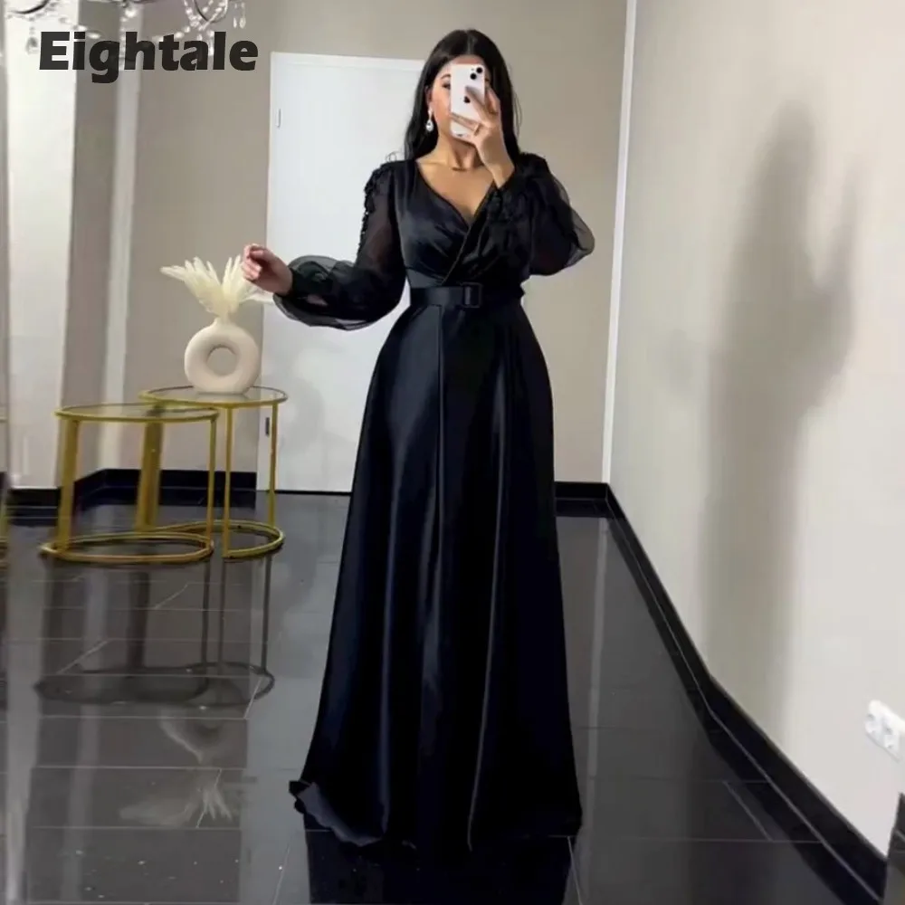 Eightale Black Evening Dresses Customized V-Neck Long Sleeves Satin A-Line Prom Gown Wedding Party Dress Ballkleider Robe Soirée