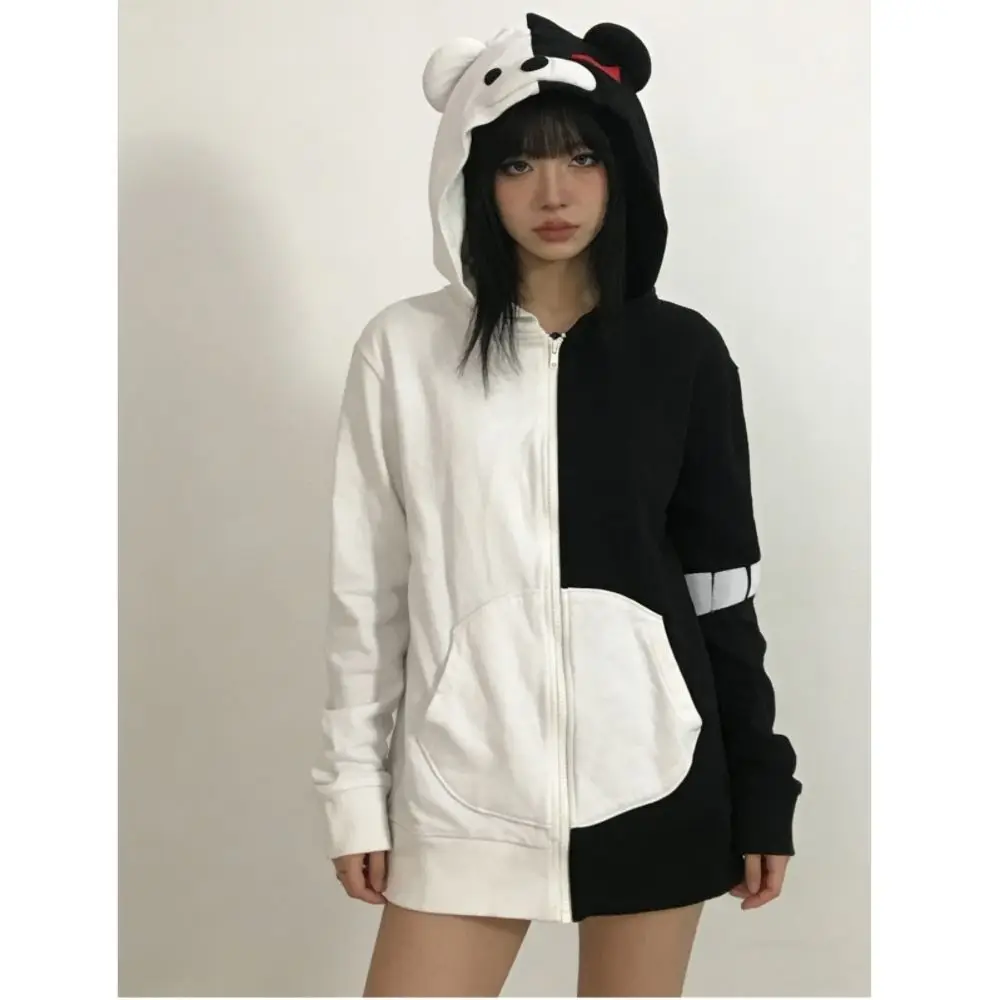 Subculture Black White Color Blocking Cos Anime Hoodie Women Japanese Cute Autumn Winter Long Sleeves Zip Up Hoodie Y2k Top