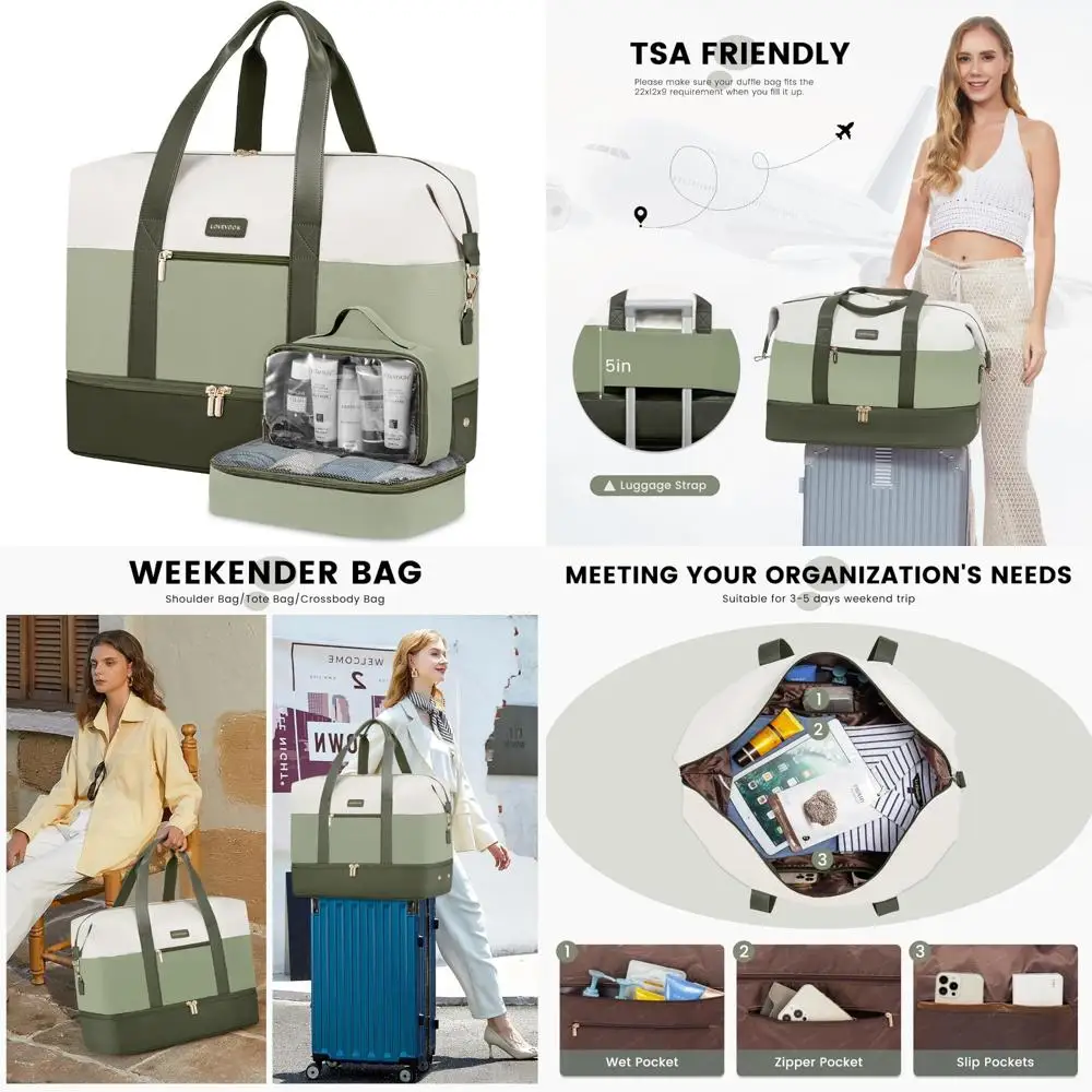 

Large Women's Travel Duffel Bag with Shoe Compartment, Carry-On Overnight Bag, 2 Packing Cubes Included, Weekender Bag for Effic