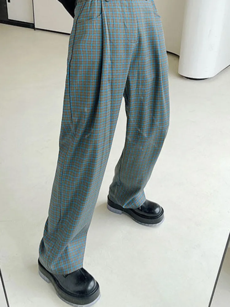 Men's Wide Premium Leg Trousers Niche Casual Plaid Pattern Half Elastic Waist Pleated High End Formal Suit Pants 1JCE