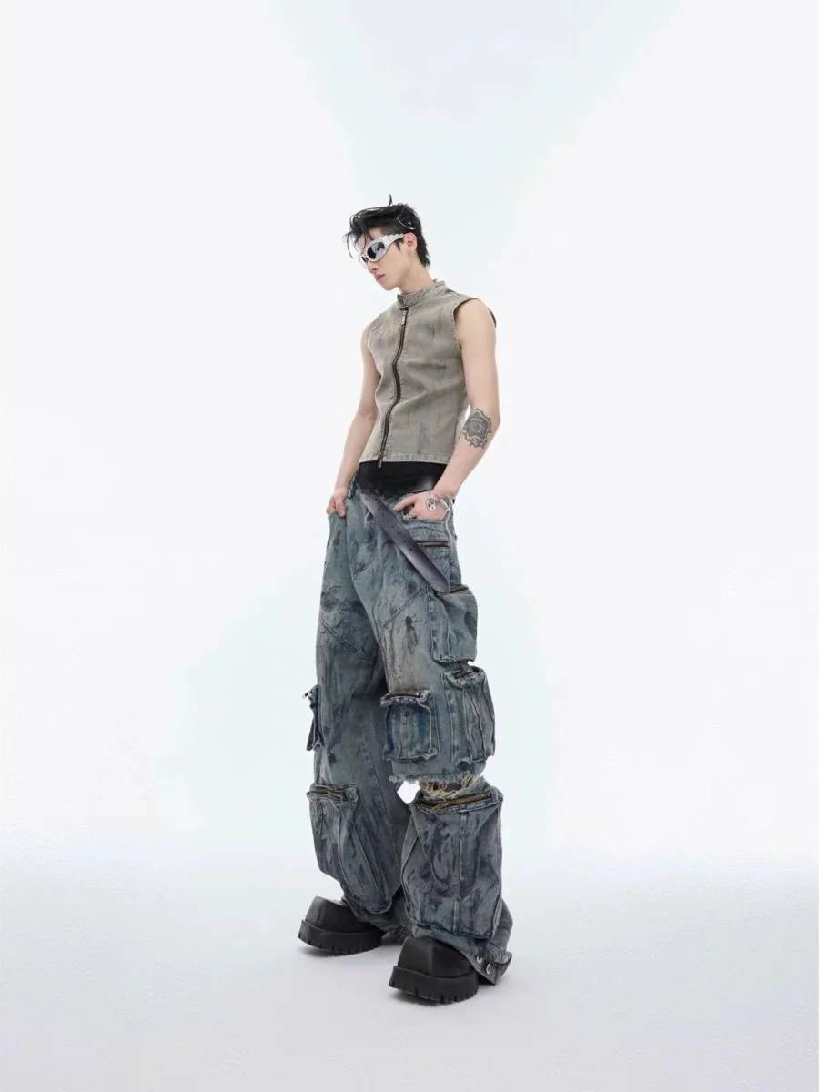 American Style Heavy Duty Faded Jeans Men's Hand-Painted Crafted Hole Loose Straight Leg Workwear Trousers Multi-Pocket Design