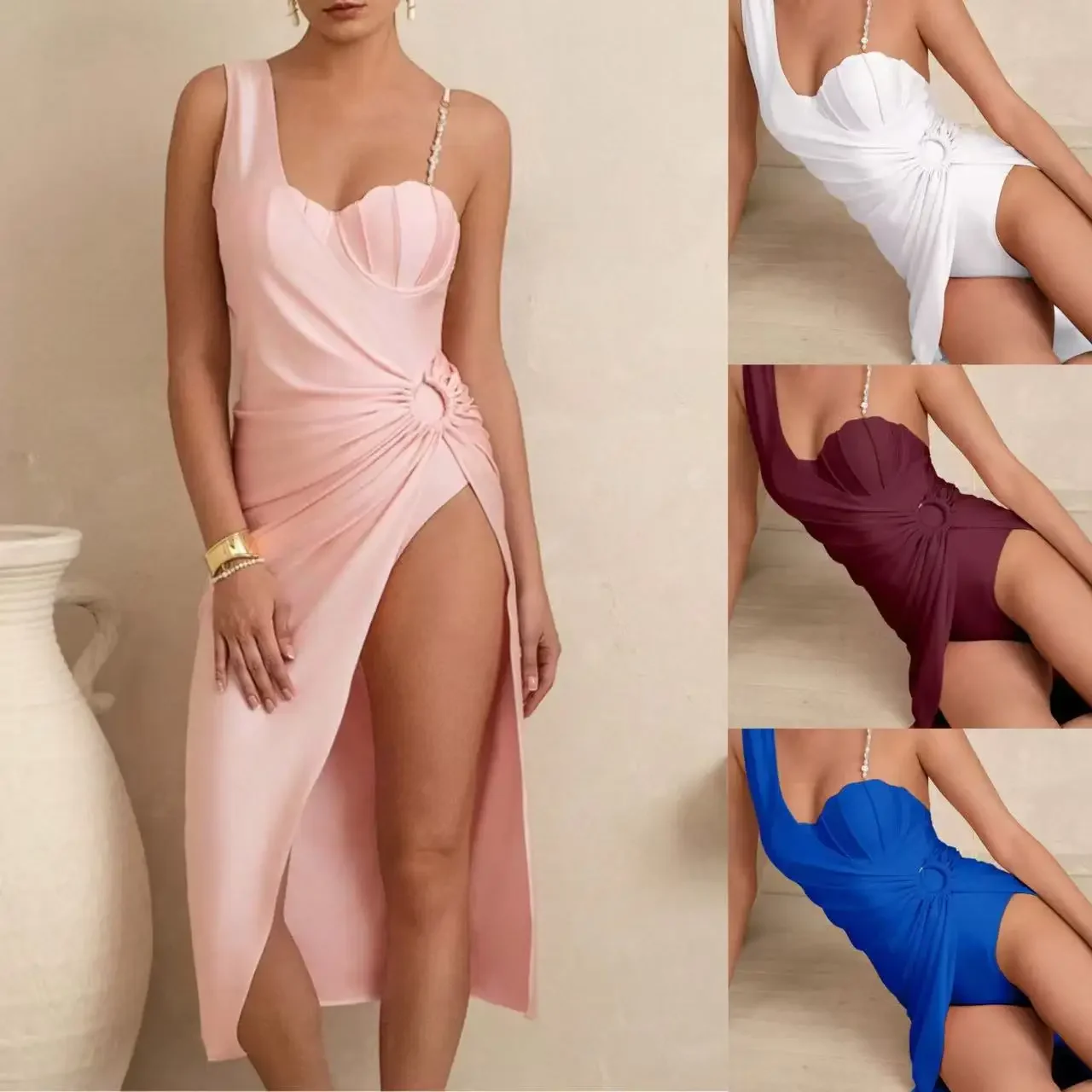 Women 2 Pieces Pearl Adjustable Strap Shell Cup One Piece Swimsuit With Asymmetrical Ruched Beach Cover Up Dress Swimwear Set