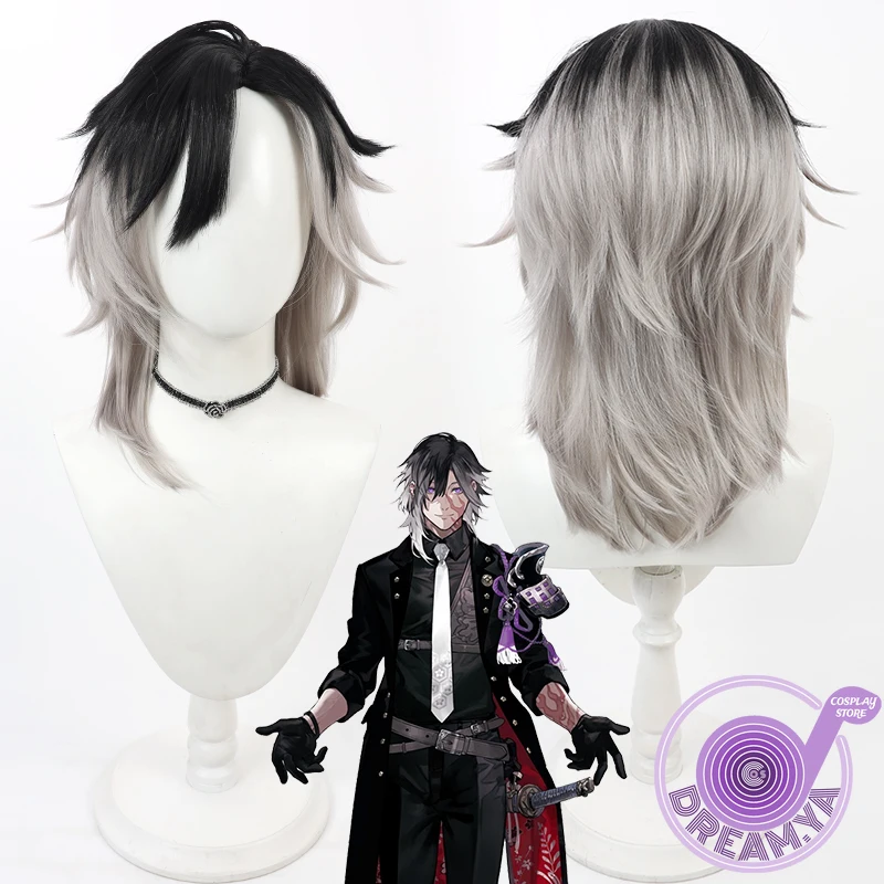 

Jikkyuu Mitsutada Cosplay Wig Touken Ranbu Gray Black Mixed Heat Resistant Synthetic Hair Halloween Role Play Party + Wig Cap