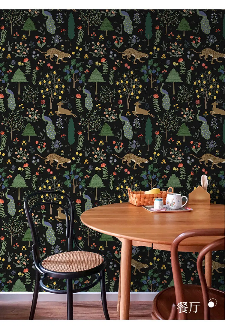 Black Forest Plant Animals Wallpaper Peel and Stick Waterproof Furniture Cabinet Sticker Renovated Bathroom Kitchen Wall Decor