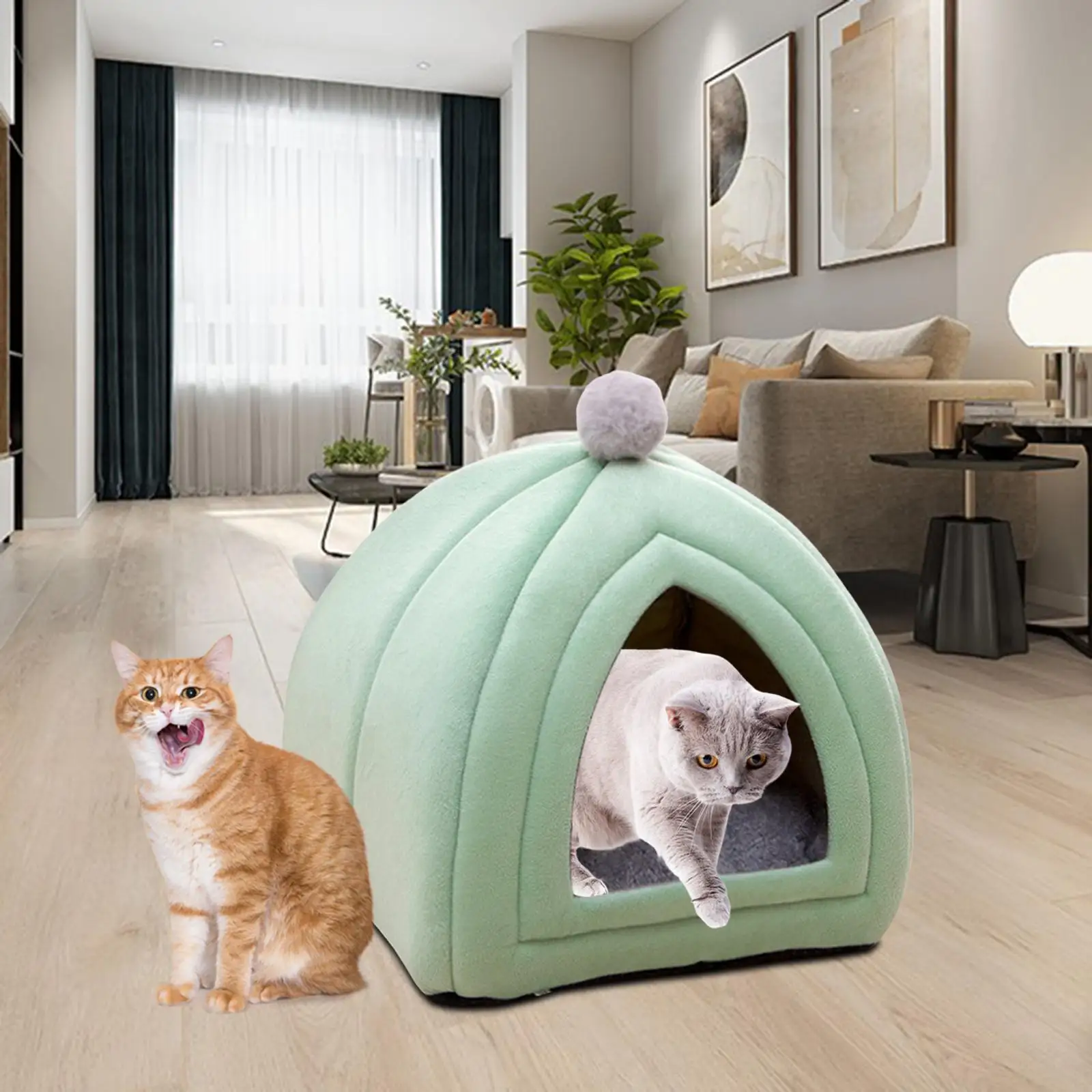 Cute Pet Cat Bed Semi Closed Dog House Sofa Nest Velvet Washable Puppy Kennel Warm Comfortable Tent for Indoor Outdoor