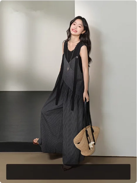 

Summer New Asymmetric Loose Striped Wide Leg Pants Women's oulder Strap Jumpsuit High Waist Long Pants Polyester Blend