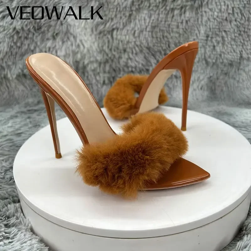 Tikicup New Women Sexy Faux Fur Women Slippers Pointed Toe 12CM Stiletto High Heels Sandals Slides Dating Party Evening Shoes