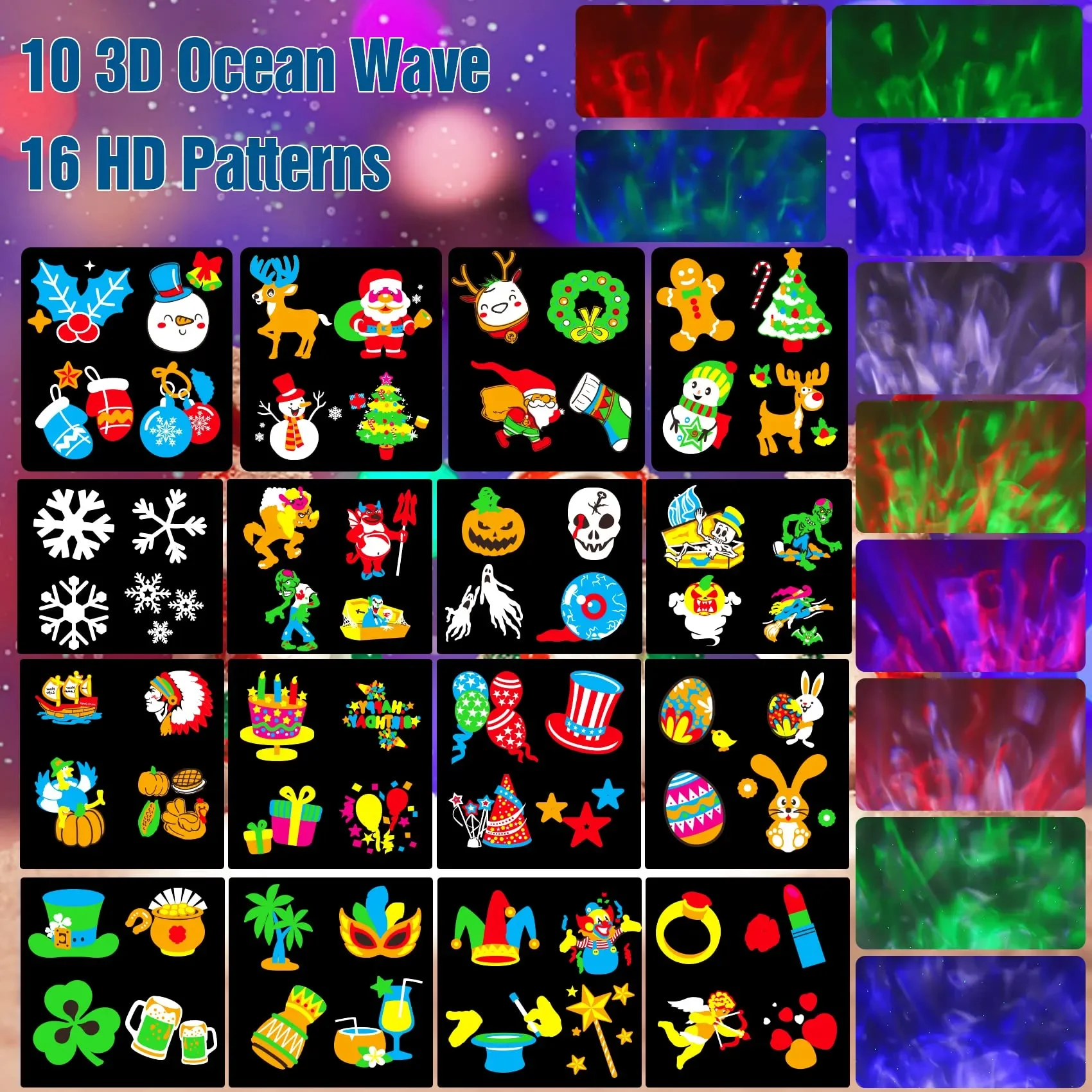 Christmas Halloween Projector Lights Outdoor 3D Ocean Wave & 16 Patterns Waterproof Laser Projector for Indoor Halloween Holiday