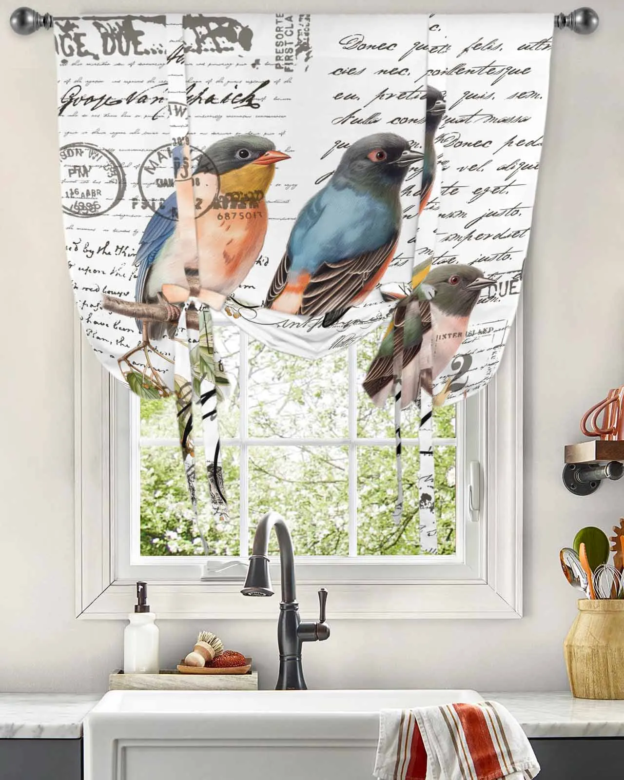 

Vintage Bird Hand Drawn Envelope Postmark Window Curtain for Living Room Home Decor Blinds Drapes Kitchen Tie-up Short Curtains