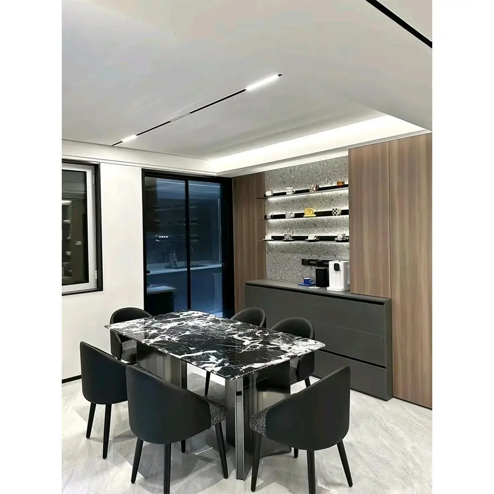 

Black marble, rectangular, modern, minimalist, villa, home, dining table and chairs, combination
