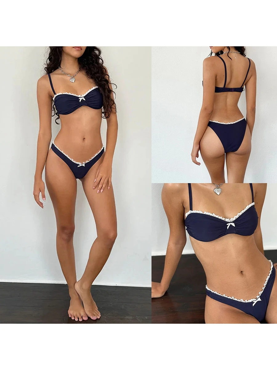 Hot Selling Donkerblauwe Tweedelige Badpak Mode X Sexy Kanten Strik Bikini Set Zomer Tweedelig Badpak