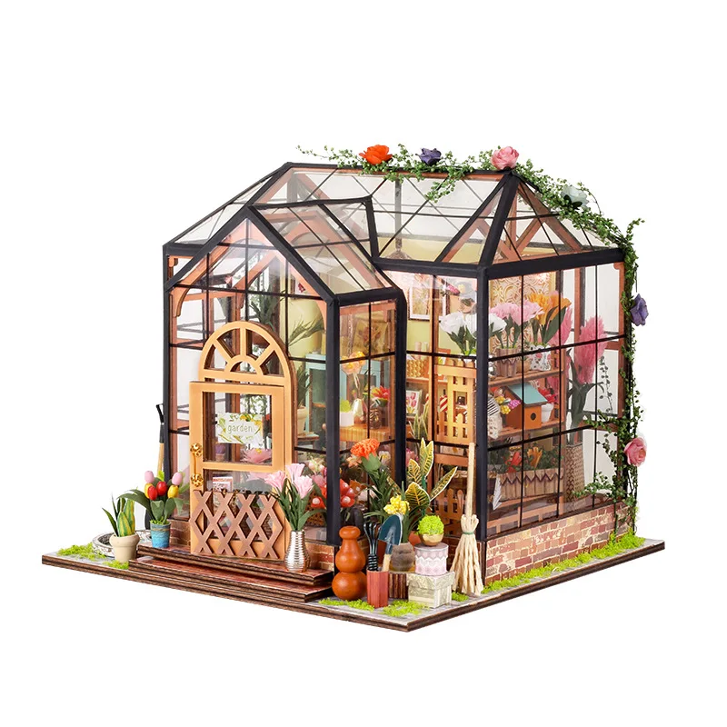 DIY ไม้ Miniature Model Kit Jenny Greenhouse Casa บ้านตุ๊กตา 3D ปริศนาตุ๊กตาพร้อมไฟเฟอร์นิเจอร์สําหรับของขวัญเพื่อน