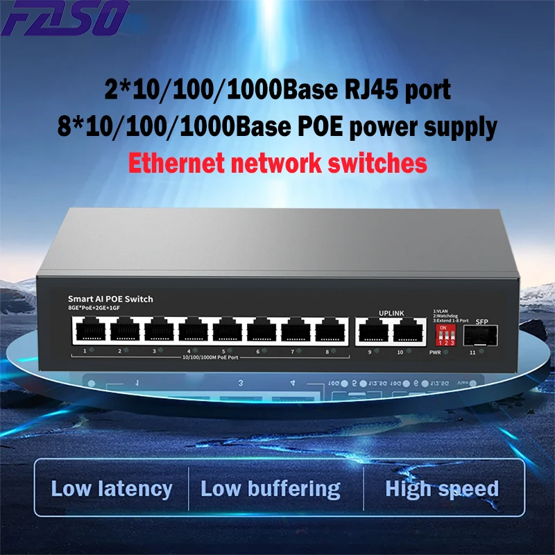 

POE Ethernet Network Switch 10 Port Gigabit RJ45 with 1 Port 1.25G SFP Network Switch Unmanaged Plug and Play Desktop Wall Mount
