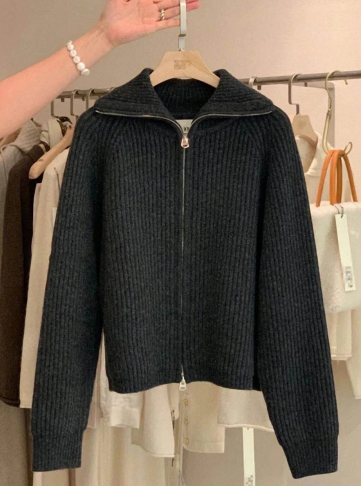 

Zipper pure cashmere cardigan ladies knitted coat thickened sweater lapel loose autumn and winter