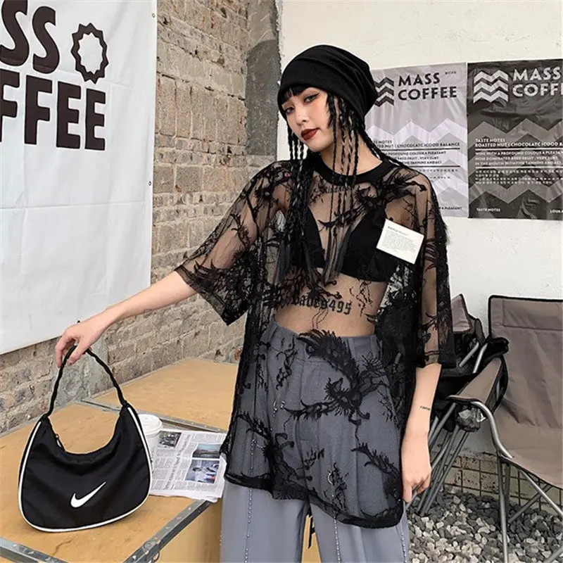 Oversized Short Sleeve O-neck T-Shirts 2025 New Summer Trend Sexy Printing Hollow Out Top Tee Women Clothes Fashionable Tshirt