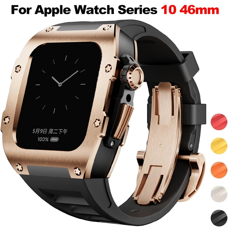Apple Watch Series 10 46mm用 ステンレススチール製改造キット、スポーツバンド、交換用ラバーバンド