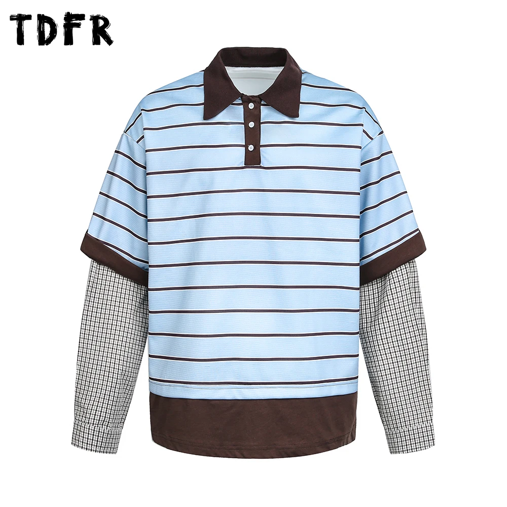 Contrast Paneled Striped Polo Shirts Mens Spring Retro Casual Cotton Loose Plaid Spliced Long Sleeve Tops Man