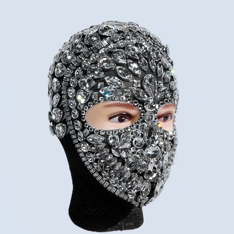 

Sparkle White Rhinestones Mask Man Hat Stage Accessories Headwear Performance Pole Dance Costume NightClub Singer Birthday Party
