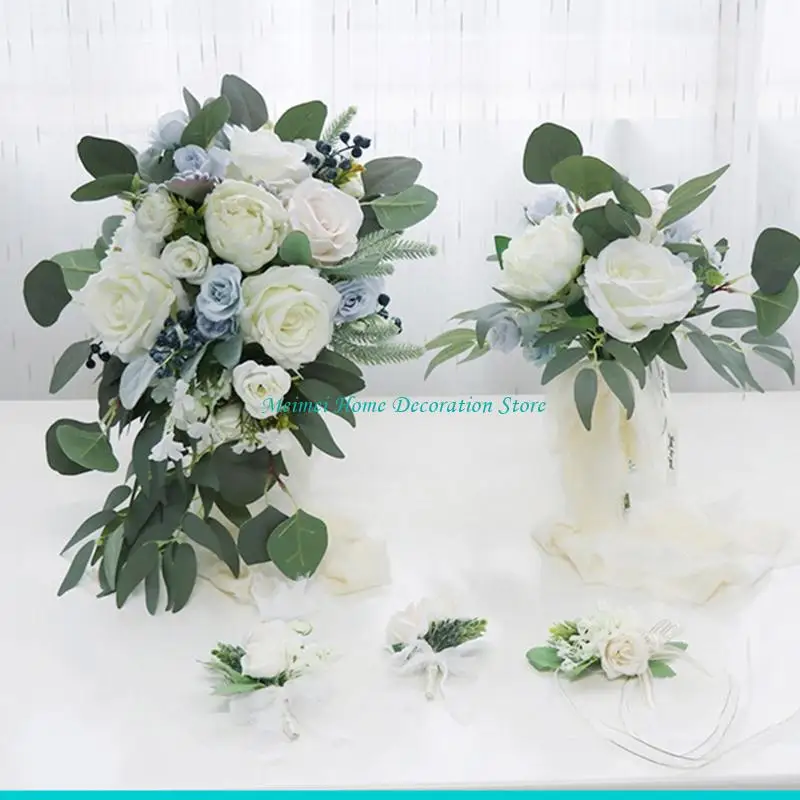 H7BF Bouquet fiori artificiali Bianco Simulazione Floreale seta Fiori finti per festa nozze Sposa Puntelli