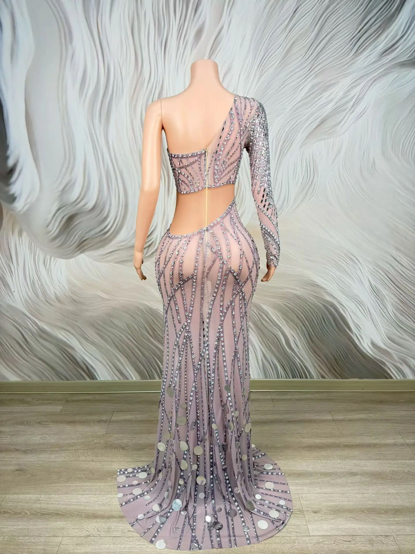 Shuicao Luxury Sheer Nude Mesh Silver Disc Sequins Mermaid Dress One Shoulder Long Sleeve High Split Birthday Photoshoot Gown