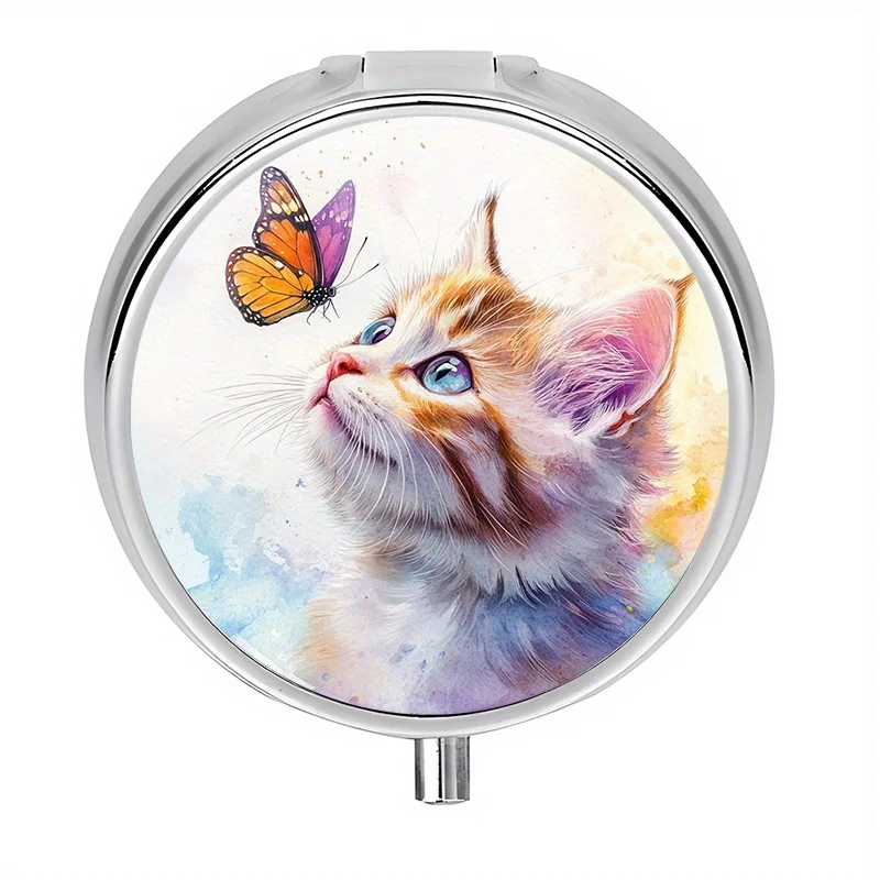 1-piece pill box with 3 compartments, cute cat and butterfly watercolor themed mini pill box, medication storage box, decorative vitamin storage box, suitable for purse or wallet