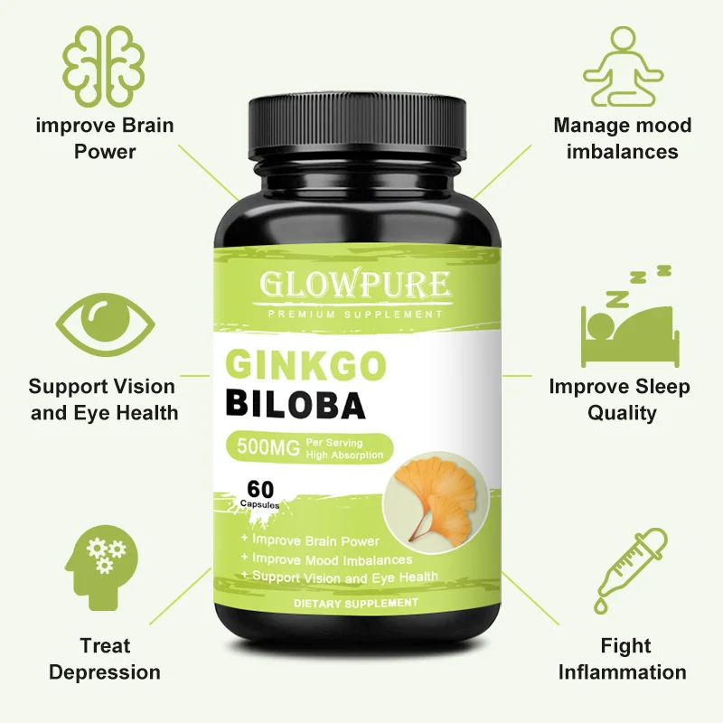 Ginkgo Biloba Capsules for Booster Brain Cognitive Function, Memory, Relieve Anxiety Depression, Mood Balance