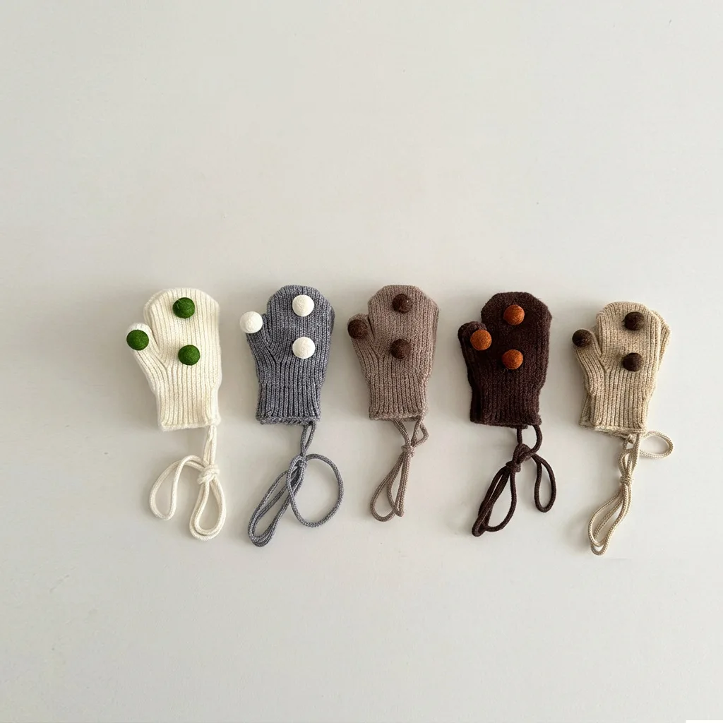 Autumn Winter Cute Solid Color Baby Knitted Mitten Soft Warm Toddler Gloves Felt Pom Pom Decor Children Anti-lost Mittens ﻿