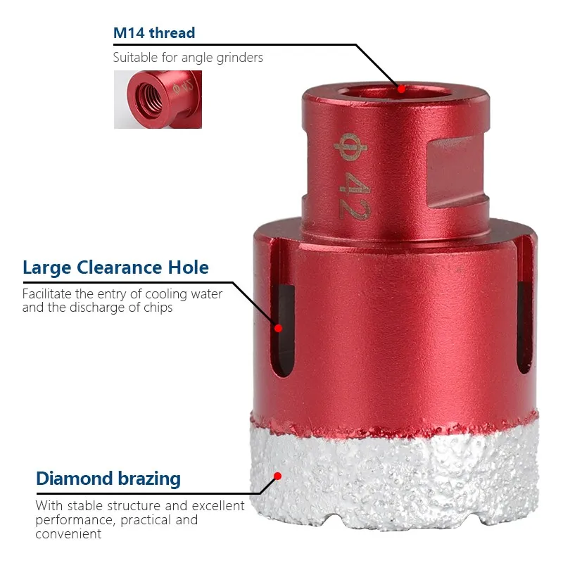 1pc 6mm-80mm Vakuum Gewinde Gelötete Loch Opener Bohren Core Bits M14 Rot Winkel Grinder für diamant Keramik Fliesen Granit Marmor – Detail 2