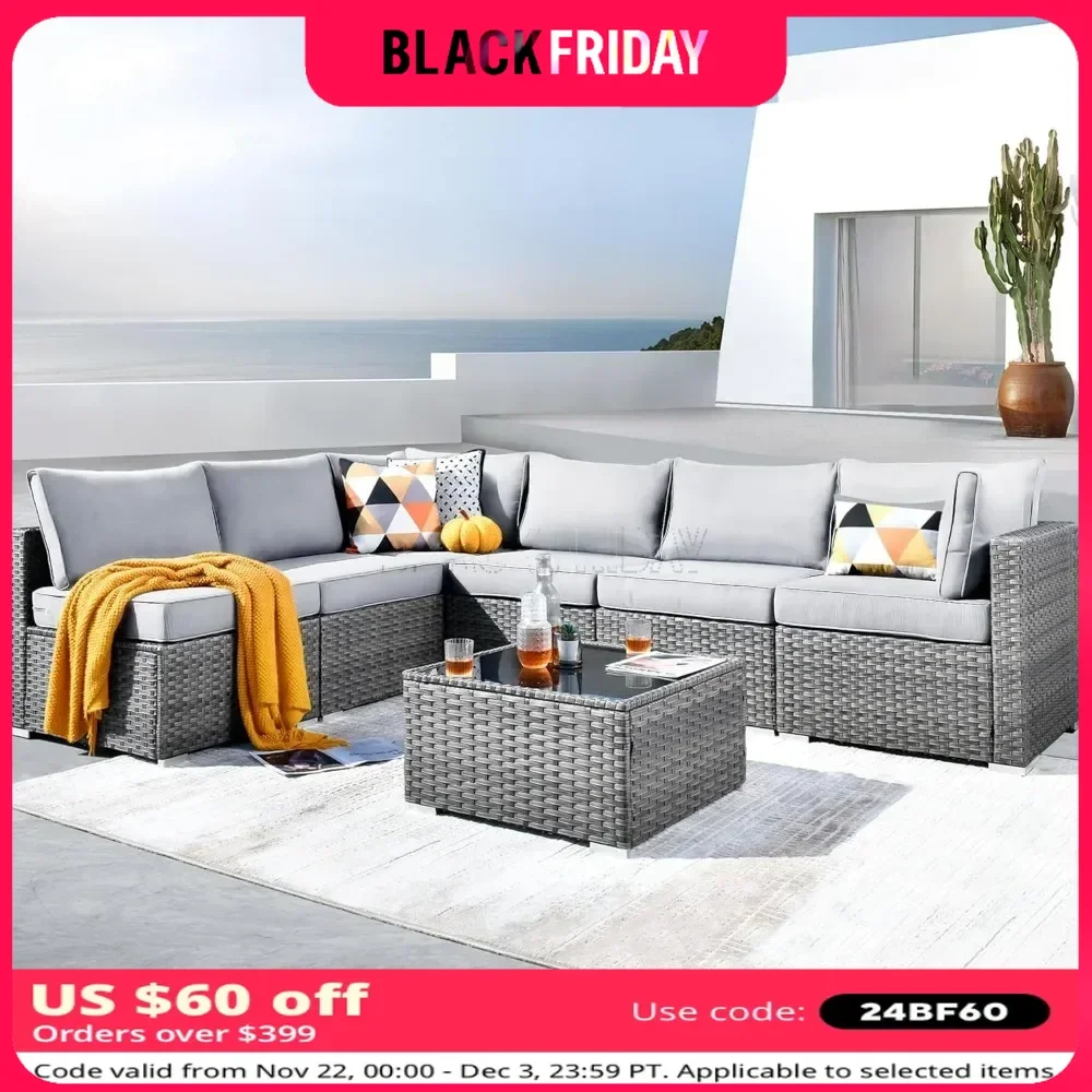 Outdoor 7 Pc Coversation Set with Coffee Table,Sectional Patio Furniture Set with All-Weather Wicker Sofa,Modern Outside Couch