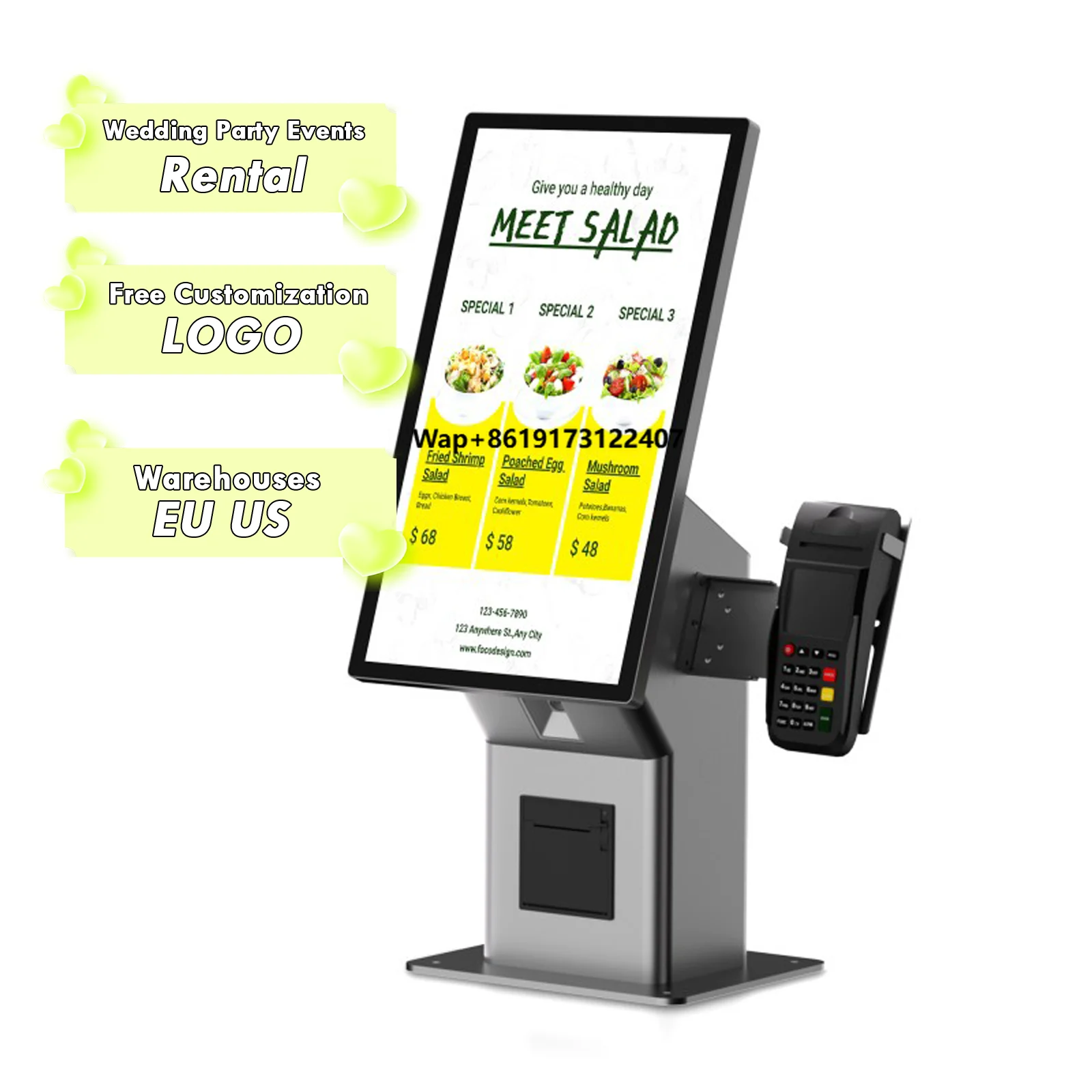 Table Self-Ordering LCD Touch Screen Kiosk Club Cash & Bills Payment with Barcode Reader SDK Function