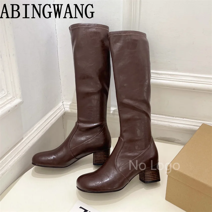 2026 Autumn Winter New Genuine Leather Square Heel Boots Sexy Round Toe Over-the-Knee High Heel Boots For Women Mujer